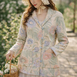 80s Quilted Floral Jacket Pastel Peach Blue Pink Cottagecore